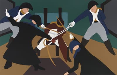 Soldiers in blue uniforms facing their swords towards a soldier in red who is seated.