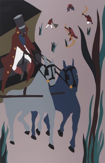 A man driving a horse and carriage in front of four figures working on the land.
