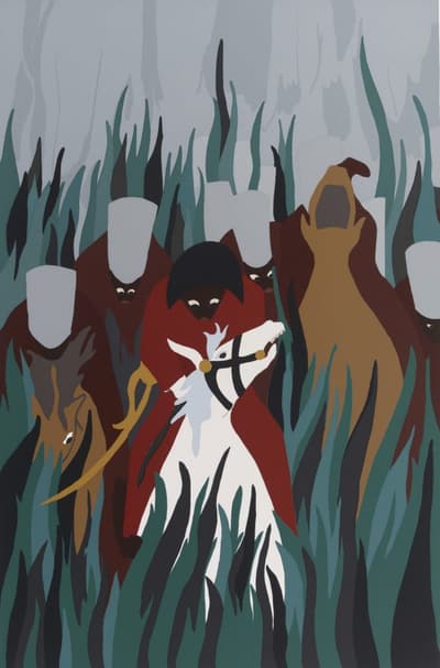 A group of individuals in red riding horses through long and thick grass.
