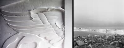 Two black and white photographs. One is a close-up image of a stone carving of a wing. The other is of a rocky shoreline.