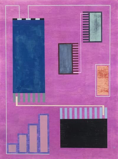 Abstract artwork with purple background and geometric shapes, including rectangles in dark blue, gray, black, and orange, connected by thin lines.