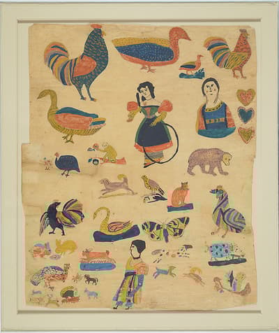 Watercolor of multiple figures and a variety of animals including multiple species of birds.