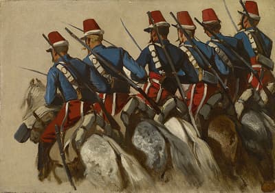 Soldiers in uniform riding white horses riding into the distance.