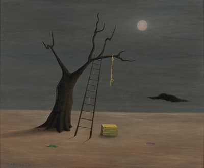 A barren tree with a ladder leaning against it, under a cloudy night sky with a faint moon.