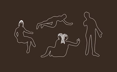 White-lined outlines of four bodies front of a brown background.