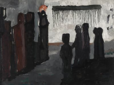 Painting of multiple figures all in black against a white background.