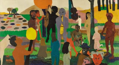 Multiple figures depicted in various colors playing music surrounded by landscape and trees.