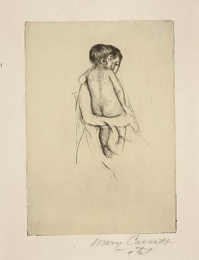A woman holding a naked child. Its rear rests on top of the woman's bent forearm.