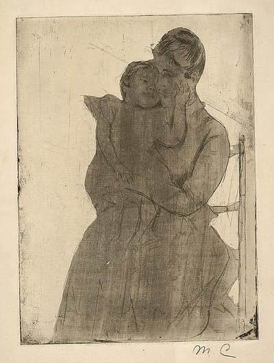 A woman holding a child I her arms, balancing it in her lap. The child caresses the woman's face with its extended hand.