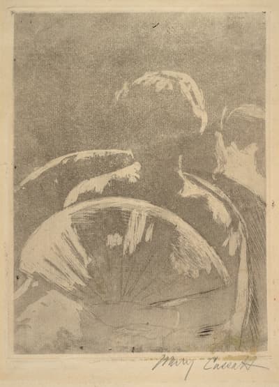 These two prints may depict Cassatt's sister, Lydia, at the opera. They represent two successive stages of the composition's development. Ultimately, Cassatt was not satisfied with what she had done and started over. The finished result was In the Opera Box (No. 3), also on view in this exhibition.