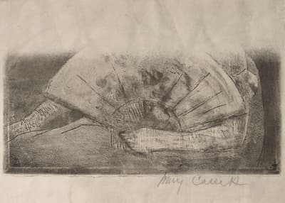 A close up of a sketch of a fan being held by a woman who is resting it in her lap.