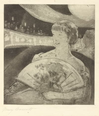In the late 1870s, Cassatt worked on a number of paintings and prints related to the opera. Opera was a popular form of entertainment for wealthy Parisians in the late nineteenth century, and people attended to both see productions and be seen by others in attendance. Cassatt portrays a woman, possibly her sister, Lydia, in the act of gazing, either at the stage or at others in the audience. The theater is reflected in the large mirrors behind her. The extended fan is both a form that echoes the curved lines found elsewhere in the print, and a fashion accessory that sets off a semi­ private space in an otherwise very public setting.