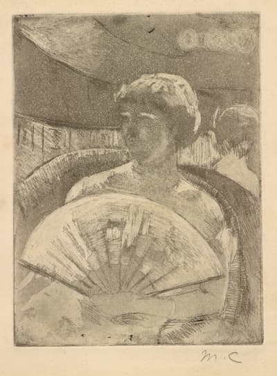 In 1879, Cassatt partnered with Edgar Degas and Camille Pissarro on a project to publish a journal, Le Jour et la nuit (Day and Night), devoted to the fine art of printmaking. The publication never came to fruition, but we know that Cassatt had selected the opera box as the subject for her contribution to the inaugural issue. These two prints may depict Cassatt's sister, Lydia, at the opera. They represent two successive stages of the composition's development. Ultimately, Cassatt was not satisfied with what she had done and started over. The finished result was In the Opera Box (No. 3), also on view in this exhibition.