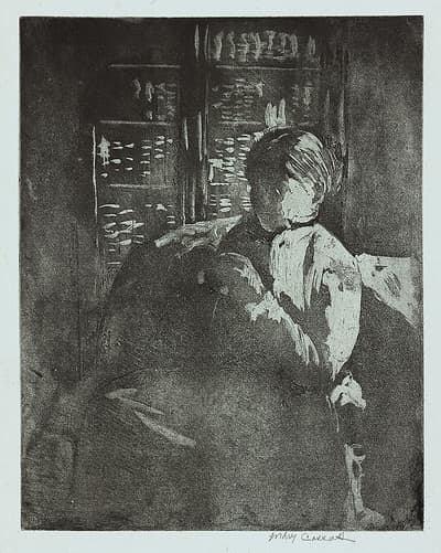 A dark-colored depiction of a woman knitting in front of a series of shelves.