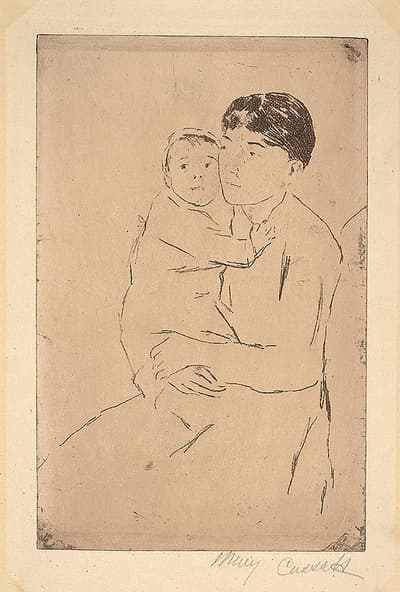 A sketch of a man holding a young child in his lap.