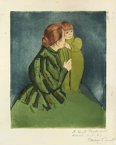A woman in a bright green dress balancing a small child who is also wearing green on her lap.