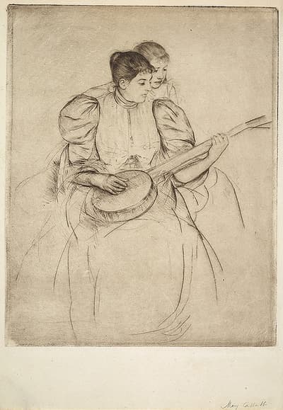 A woman playing a stringed instrument which she rests in her lap. Behind her, a young girl watches her hands.