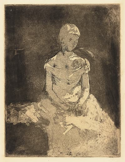 This is a ghostly and difficult to-read-work. As a first state impression, Cassatt would have made this print to assess its initial composition before including additional details in later stages. Here she depicts a well-dressed woman sitting alone set against a dark background. The model’s facial features and the bouquet that will eventually sit in her lap (given the title) have not yet been added. The Bouquet most likely relates to Cassatt’s exploration of women at the opera, a prominent theme in her art. It bears a resemblance to Two Young Ladies Seated in a Loge, Facing Right.