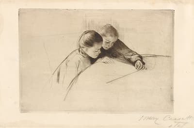 A sketch of two young girls sitting at a table looking at or reading something.
