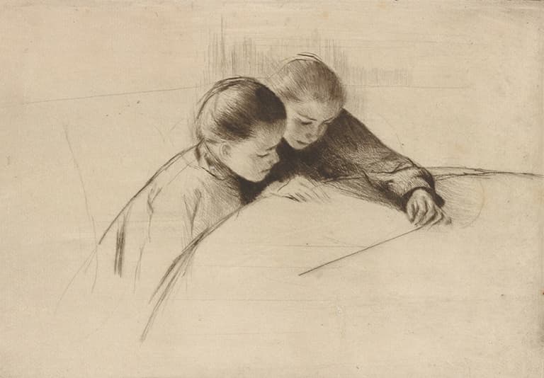 Sketch of two children closely looking at something on a surface.