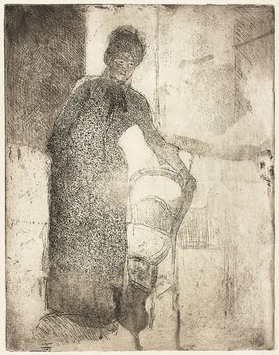 A sketch of a woman standing next to a chair, holding the top of the chair with her extended arm.