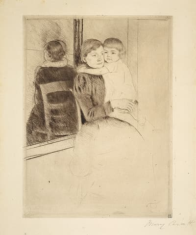 A women sitting in a chair holding a young child in her arms. A mirror behind the two figures reflects the scene.