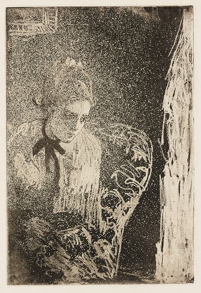 A woman seated in a chair wearing a dark-colored bow around her neck and looking longingly to the right.
