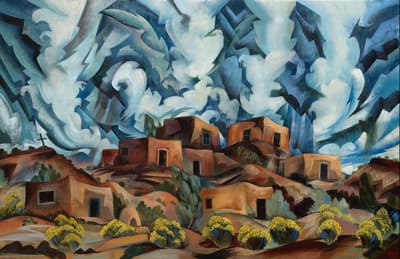 Stylized landscape painting of adobe buildings under a dramatic, swirling sky.