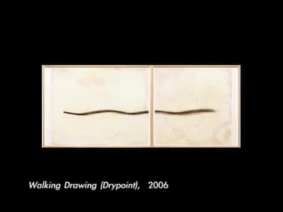 A diptych artwork titled "Walking Drawing (Drypoint)," featuring a wavy black line on a textured light background from 2006.