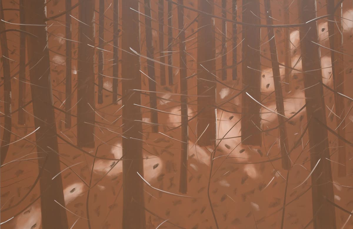A painting by Alex Katz of a dense forest with tall brown tree trunks and intersecting branches.