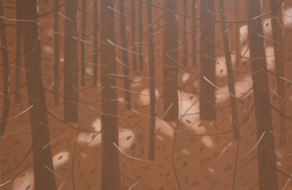 A painting by Alex Katz of a dense forest with tall brown tree trunks and intersecting branches.