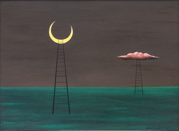 A surreal painting of two ladders in a dark landscape, one reaching a crescent moon and the other a pink cloud.