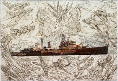 A painting of a battleship on top of a sketch.