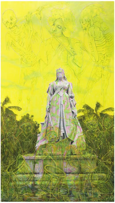 Photograph of a large sculpture of a powerful female statue surrounded my drawings of lush greenery and a vibrant green background.