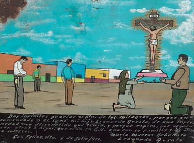 Three figures facing a cross which is being held by a man and woman who are both kneeling. Below, there is a large block of text.