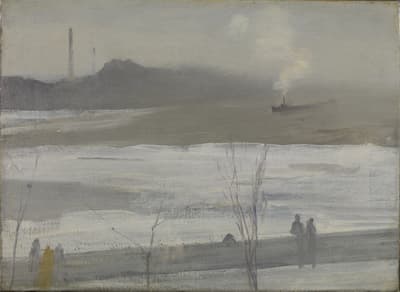 Painting of figures walking along a riverfront promenade with smokestacks and a steamer ship in the distance. Gray tones fill the hazy atmosphere.