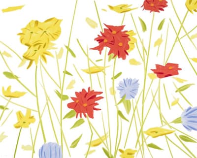 A painting by Alex Katz of wildflowers on a white background.