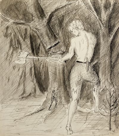 A sketch and ink print of a man facing towards a forest of trees, caught in the act of chopping on down with a large axe.