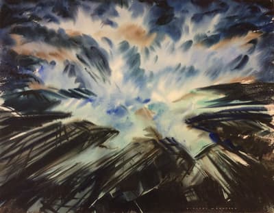 Abstract painting depicting swirling blues and whites with dark angular brushstrokes.