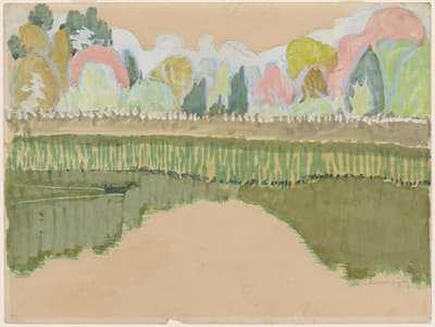 Landscape painting with a foreground of beige and greens, middle section of plant-like brushstrokes, and background of colorful trees and sky.