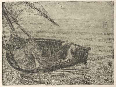 Monochrome etching of people in a small sailboat on a body of water.