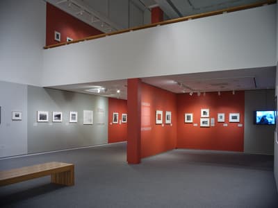 Two story gallery with white and red wall displaying framed photography.