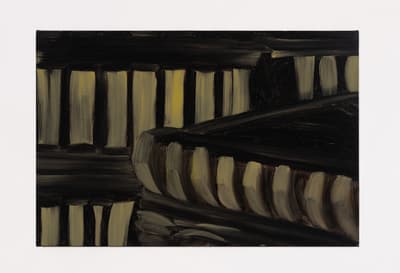 Abstract painting with yellow brushstrokes on a dark background, resembling architectural elements.
