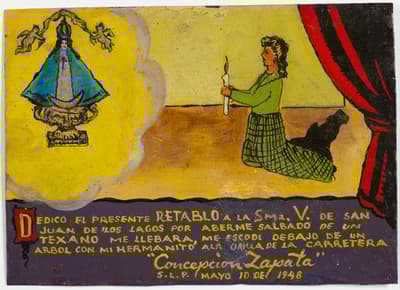 A woman holding a candle kneeling before a figure draped in blue depicted above a large block of text.
