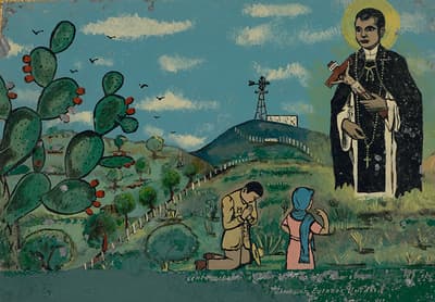 Two individuals praying to a large religious figure holding a cross, surrounded by rolling hills, cacti, and blue skies.