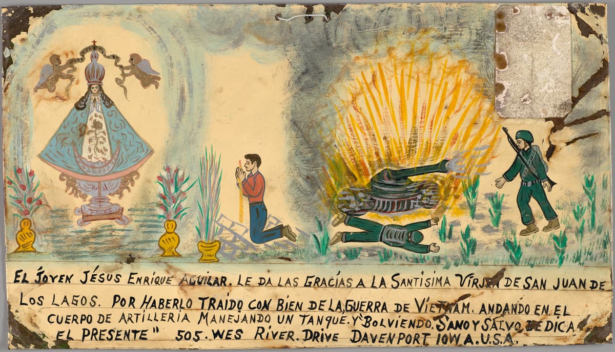 A religious artwork depicting a praying man next to a burning tank and a figure of the Virgin Mary with angels.