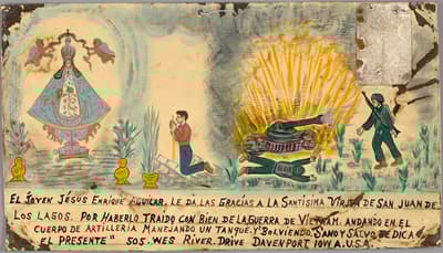 A religious artwork depicting a praying man next to a burning tank and a figure of the Virgin Mary with angels.