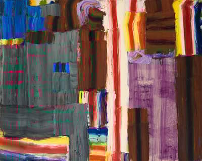 An oil on cavas painting of vertical and horizontal stripes in various colors.