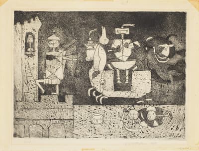 Abstract etching featuring geometric figures, including a castle, archer, horse with rider, and additional elements in a textured monochrome design.