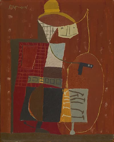 Abstract geometric composition with earthy tones and textured patterns on a reddish-brown background.